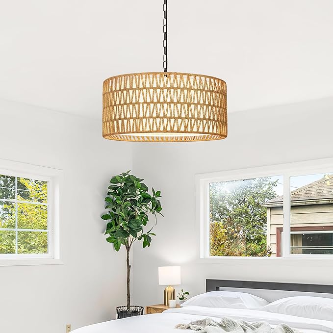9"-52" Height Adjustable Farmhouse Chandelier Light Fixture, 5-Light Rattan Boho Chandeliers for Dining Room, Hand Woven Pendant Light with Linen Shade, Rustic Hanging Lighting for Kitchen Island