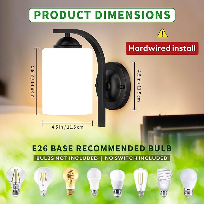 2-Pack Wall Sconces for Bedroom and Bathroom, Matte Black Farmhouse Wall Light Fixtures with Glass Shade, Modern Vanity Wall Lamps for Living Room, Hallway, Kitchen