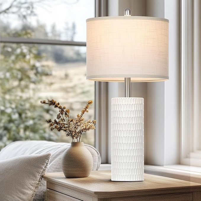 Cinyirong 27" Ceramic Table Lamp, Farmhouse Table Lamp for Living Room, White Lamp for Bedroom, Night Stand, Modern Bedside Lamp Set of 2, End Table Lamps, White(2 Bulbs Included)