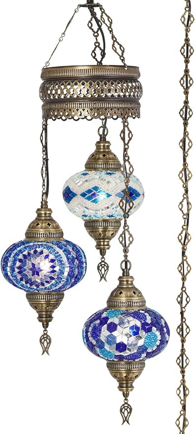 DEMMEX Plug-in Turkish Hanging Lamp, Handmade Moroccan Mosaic Chandelier Pendant Light Fixture with 15-ft Cord & Chain, Decorative Ceiling Lamp for Living Room, Bedroom, 3 Large 7'' Globes, 3.5 ft.