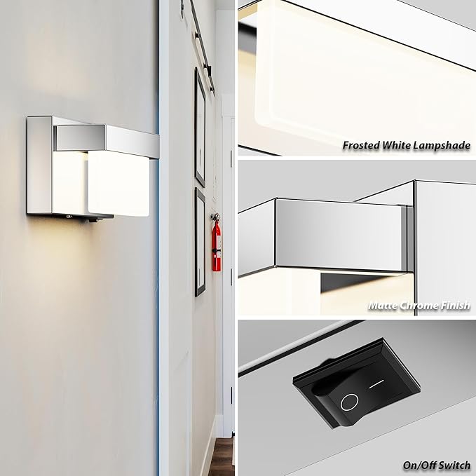 Switched LED Wall Sconce Set of 2, Indoor 8 inch 12 Watt 4000K Wired Chrome Wall Mounted Sconce Light with On/Off Switch, Frosted Arcylic Shade Sconces for Bedroom Living Room Bathroom Kitchen Hallway