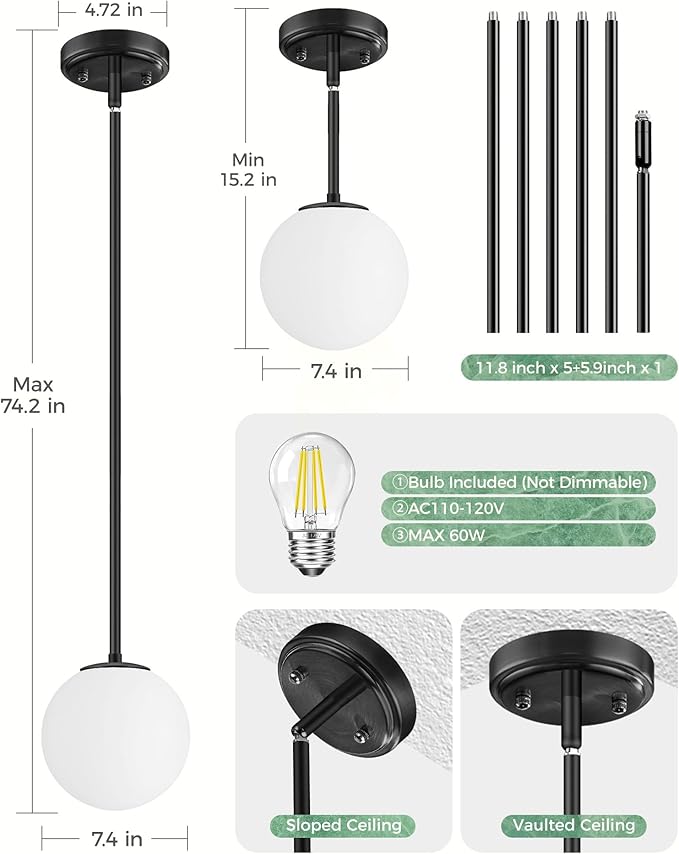 Majade Globe Pendant Lights Kitchen Island Mid Century Modern Pendant Light Fixtures 7.4 Inch Black Ceiling Lighting with Milk White Glass Shade Adjustable Hanging Light for Dining Room Living Room