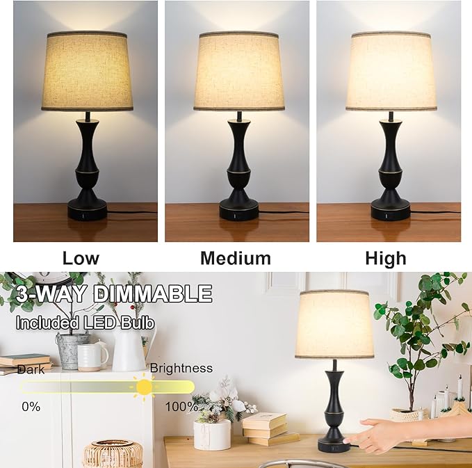 LALISU Touch Lamps for Bedrooms Set of 2, Farmhouse Table Lamp with USB C Charging Port, 3 Way Dimmable Nightstand Lamps with Linen Fabric Lampshade for Bedroom, Living Room (Pack2-Black)