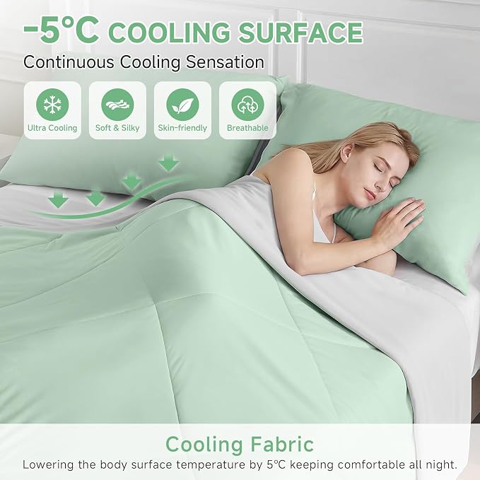 HOMFINE Cooling Comforter Japanese Double-Sided Cold Tech Fabric Cooling Blanket for Night Sweats Hot Sleepers, Q-Max 0.45 Soft Breathable Silky Smooth Lightweight, Green Summer Comforter Twin