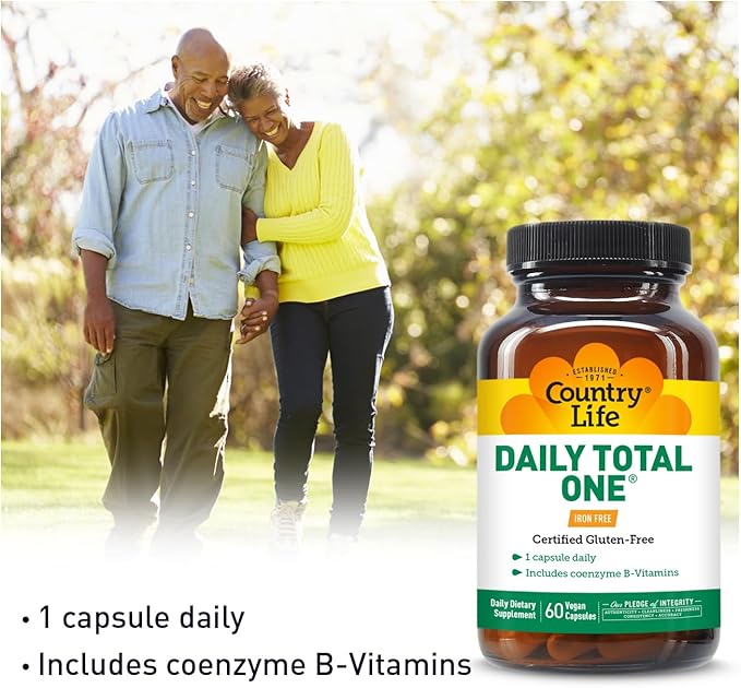 Complexe Multivitamines et Minéraux Quotidien Complet Sans Fer One Multivitamin Country Life, Vitamines A, C, D, y compris Coenzyme B-Vitamines, Soutient le Métabolisme Énergétique, 60 Capsules Végétaliennes