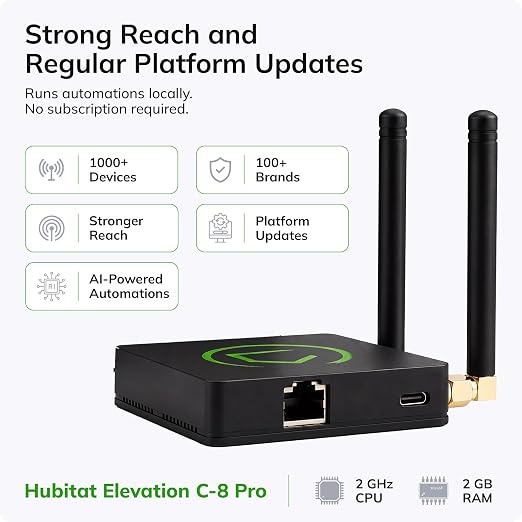 Hubitat Elevation C-8 Pro Smart Home Hub - Local Control & Automation for Smart Thermostat, Voice Assistants, Ring Cameras - Compatible with Z-Wave 800 LR, Zigbee 3.0, Matter 1.5, Bluetooth, Wi-Fi