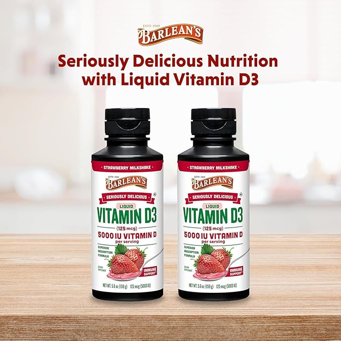 Lot de 2 suppléments liquides de vitamine D3 Barlean's pour enfants et adultes, 5000 UI de vitamine D, saveur lait frappé à la fraise, sans OGM, sans gluten et sans produits laitiers, 158,7 g chacun