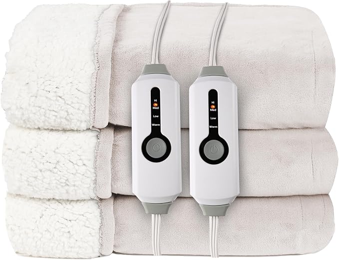 Electric Heated Blanket King Size 90"x100", Dual-Sided Coral Fleece & Sherpa Fabric, 4 Heat Settings & 10H Auto Off, Soft Warm for Home, Office, Bed, Couch, Machine Washable, Dual Control, White