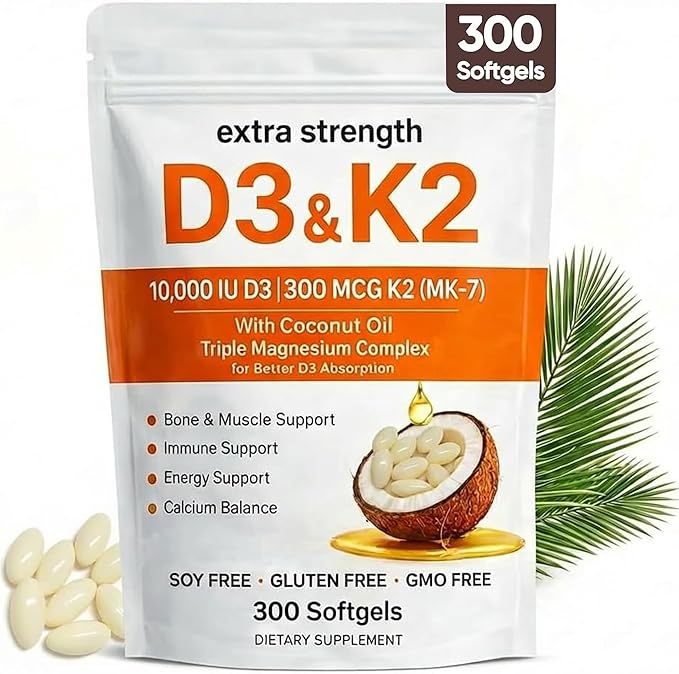 Vitamin D3 K2 Magnesium Complex, Extra Strength D3 & K2 with Triple Magnesium Softgels, D3 K2 Vitamin 10000 IU Softgels(1)