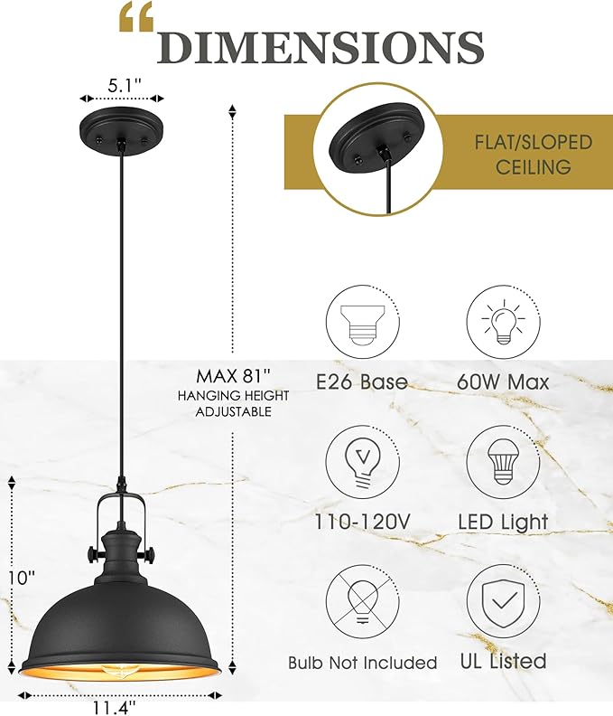 2-Pack Pendant Lights Kitchen Island, Farmhouse Hanging Lights Fixtures with Metal Shade, Rustic Kitchen Pendant Lighting Over Island for Dining Room, Matte Black, AD-2151-1P2L-BK