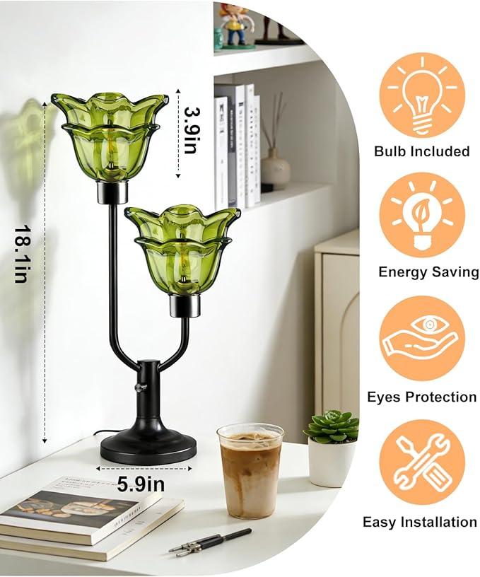 Lightdot Green Glass Flower Table Lamp Dimmable Nightstand Lamp Mid Century Modern Vintage Black Desk Lamp 2 Bulbs Included Warmwhite Ambient Bedside Lamp for Living Room Bedroom Home Office Decor