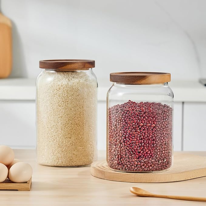 Sweejar Large Glass Candy Jars with Wooden Lids, 1 Gallon Glass Jar with Lid, Sugar/Flour Storage Containers, Big Glass Canisters with Airtight Lid, 2 Pack