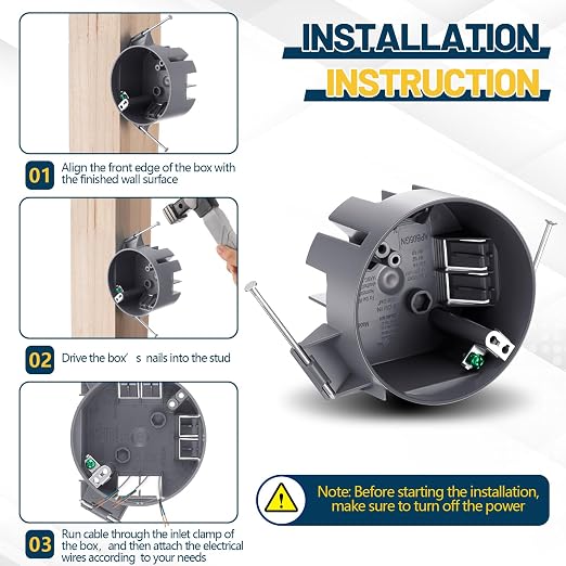 Tellegloww 6 Pcs Round Ceiling Electrical Box, 20 Cu in PVC Junction Box with Grounding Lug and Screws, Light Fixture and Ceiling Fan Installation for New Work Applications (Gray)