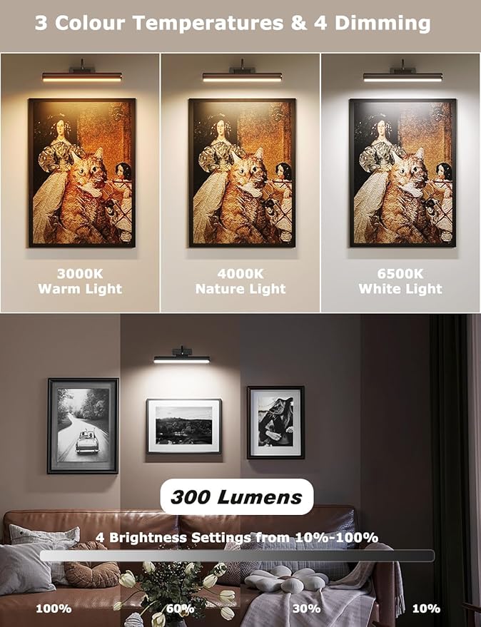 13" Aluminum Wireless Picture Lights for Wall, 5000mAh Rechargeable Battery Operated Wall Art Lighting, Dimmable 3-Color Gallery Painting Light for Pictures On Wall, with Remote/Timer [Black, 2Pack]