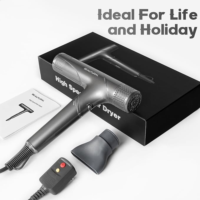 BEAUTURAL Hair Dryer, 1600W High-Speed Foldable Travel Blow Dryer, 110,000 RPM Brushless Motor Million Ionic for Fast Drying & Frizz Control, 3 Temps & 3 Speeds, Dual Voltage for Worldwide Use, Gray