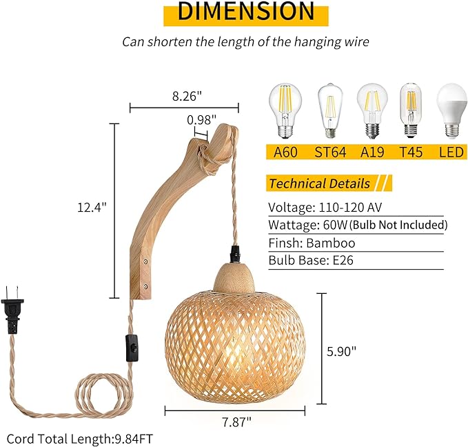 Frideko Bamboo Lantern Plug in Wall Sconces Wicker Wall Lamp with Plug in Cord Hand Woven Rattan Wall Light Farmhouse Rustic Wall Sconces Boho Sconces Wall Lighting for Living Room Bedroom