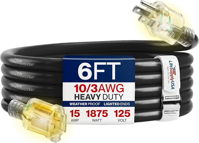 6ft Outdoor/Indoor Extension Cord 10/3 Gauge Ultra Heavy Duty 3 Prong SJTW, Waterproof, Flexible Cold-Resistant Long Power Cord,125 Amp 1875W, Black by LifeSupplyUSA