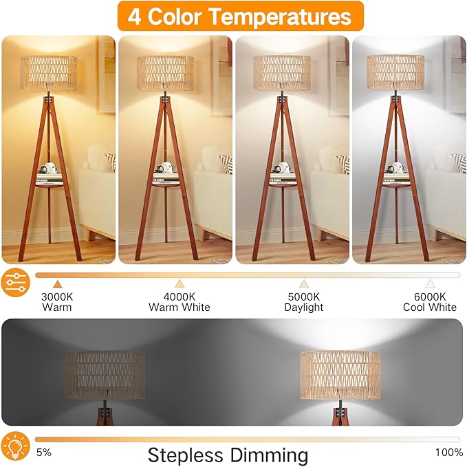 OUTON Boho Rattan Tripod Floor Lamp with Shelves, Remote Control, Dimmable Mid Century Modern Standing Lamp 58.5" for Bedroom, Living Room & Office, Lamp Shade Includes E26 9W Bulb, Walnut