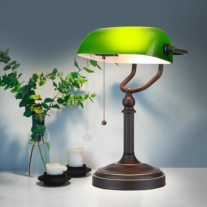 Antique Green Glass Bankers Desk Lamp with Pull Chain Switch Plug in Fixture
