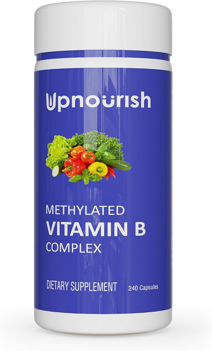 UpNourish メチル化B複合体ビタミン 女性と男性用、240植物性カプセル - オーガニック果物、野菜、B1チアミン、B2リボフラビン、B3ナイアシン、葉酸、メチルコバラミン配合の活性純粋B複合体