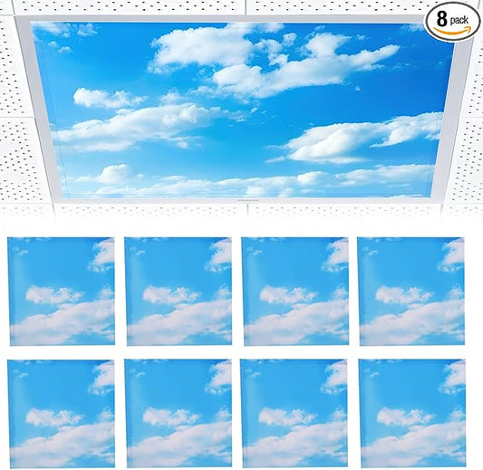 Torixqi 8 Pcs Fluorescent Light Covers for Ceiling Lights Classroom, Magnetic Light Filters, Fluorescent Light Diffuser Covers for Office, Hospitals, Home 4 x 2 Feet (Blue sky and white clouds)