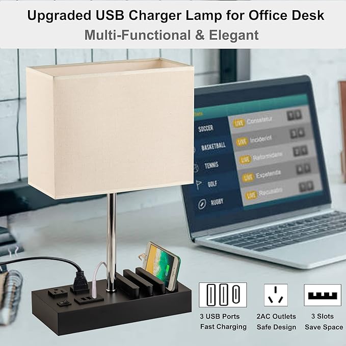 Briever USB Table Lamp, Multi-Functional Desk Lamp with 2 AC Outlets, Bedside Lamp with 3 USB Charging Ports and Wooden Phone Stands, Nightstand Lamp for Bedroom, Livingroom, Office, Linen Shade