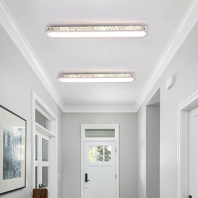 Qcyuui Dimmable LED Ceiling Light 39.4'' Kitchen Lighting Fixtures Ceiling Modern Luxury Crystal Ceiling Light with Remote Chrome Long Ceiling Light Fixture for Kitchen Dining Room Hallway,48W