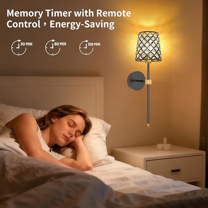 Crystal Battery Operated Wall Sconces Set of 2, Black and Gold Rechargeable Wireless Wall Sconce Lights for Home Decor, Dimmable 12 RGB and 3CCT Wall Lamps with Remote for Living Room Bedroom Hallway