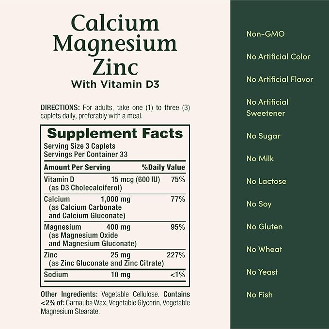 Nature's Bounty Calcium Magnesium & Zinc Caplets, Immune & Bone Health, Daily Supplement, 1000mg Calcium, 400mg Magnesium, 600 IU Vitamin D, Gluten Free, 100 Caplets (Pack of 3)