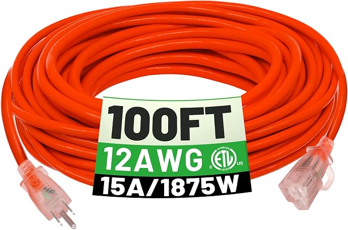 POWGRN 100 ft 12/3 Outdoor Extension Cord Waterproof Heavy Duty with Lighted Indicator End 12 Gauge 3 Prong, Flexible Cold-Resistant Long Power Cord Outside, 15Amp 1875W SJTW Orange ETL Listed