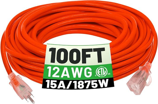 POWGRN 100 ft 12/3 Outdoor Extension Cord Waterproof Heavy Duty with Lighted Indicator End 12 Gauge 3 Prong, Flexible Cold-Resistant Long Power Cord Outside, 15Amp 1875W SJTW Orange ETL Listed