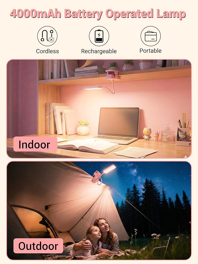 Pink Desk Lamp for Girls Bedroom,9 Brightness+5 Color Clip on Light,4000mAh Battery Rechargeable Desk Lamp Cute Lamp for Kids Room,Cordless Clip on Reading Light for Bed/Headboard/Bedside Table/Dorm