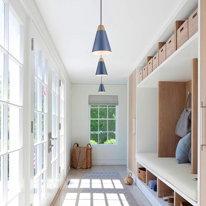Dijiahua Blue Kitchen Pendant Lighting Over Island 3 Pack,Small Modern Farmhouse Chandeliers Navy Hammered Metal Shade,Mini Vintage Adjustable Cord Hanging Ceiling Lamp Fixtures Over Sink