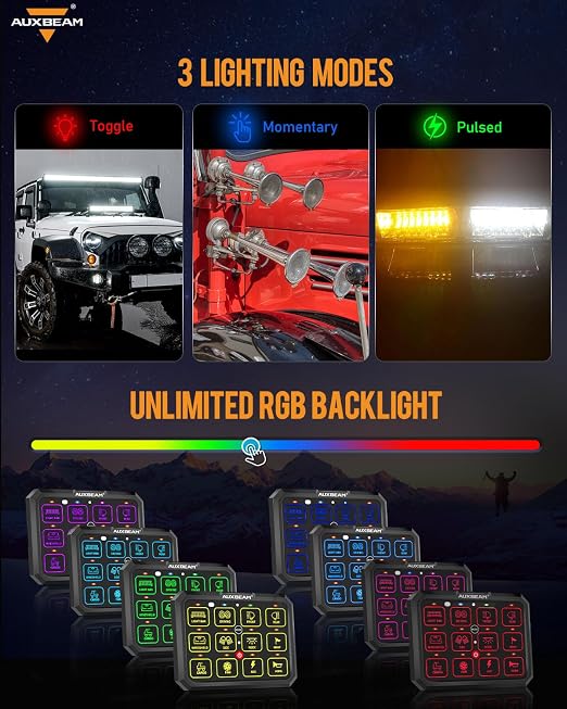 Auxbeam 12 Gang Switch Panel Bluetooth RGB AC-1200 with APP&Remote Control Toggle Momentary Pulsed Switch Pod Off Backlight for Truck Offroad 12-24V Waterproof 3 Years Warranty (Patent Registering)