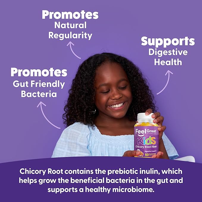 Gummies de fibres Feel Great Vitamin Company pour enfants pour le soutien digestif | Soulagement de la constipation chez les enfants | Gummies de fibres à mâcher au goût fruité | Compléments végétariens | Pour 60 jours