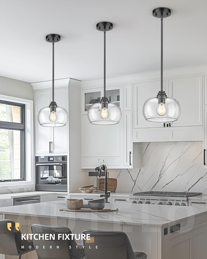 AUTELO Black Pendant Lights Kitchen Island, 1-Light Pendant Lights in Black Finish with Clear Glass, Modern Pendant Light Fixtures, Hanging Lamp for Kitchen Island H9385 BK-R