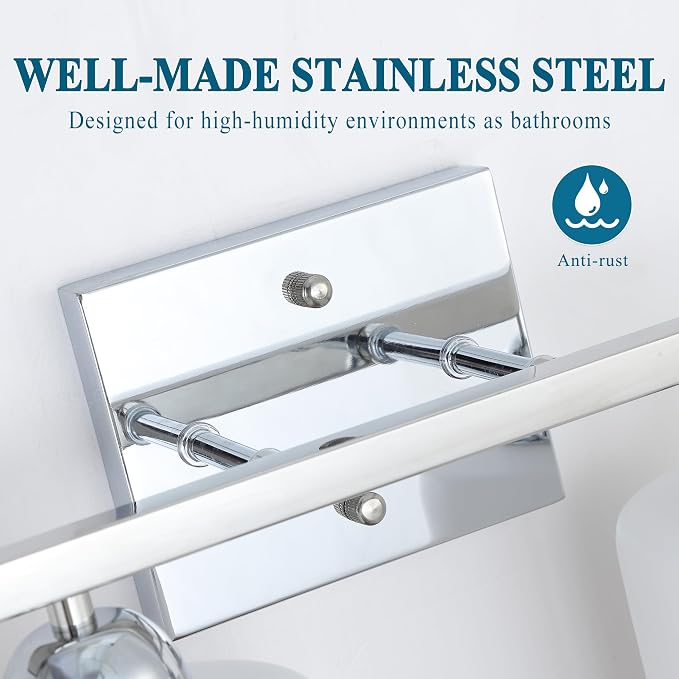 Mecgirn Stainless Steel Milk Glass Vanity Lights for Bathroom, 2 Light Chrome Bathroom Light Fixtures Over Mirror, Ceramic E26 Sockets Wall Mounted