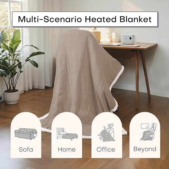Electric Heated Blanket 62"x84" Twin Size for Safe All Night Rest, Dual-Sided Microplush Sherpa for Bedroom Couch Use, 4 Heat Settings & 10 Hours Auto Off Energy Saving, Machine Washable - Light Brown