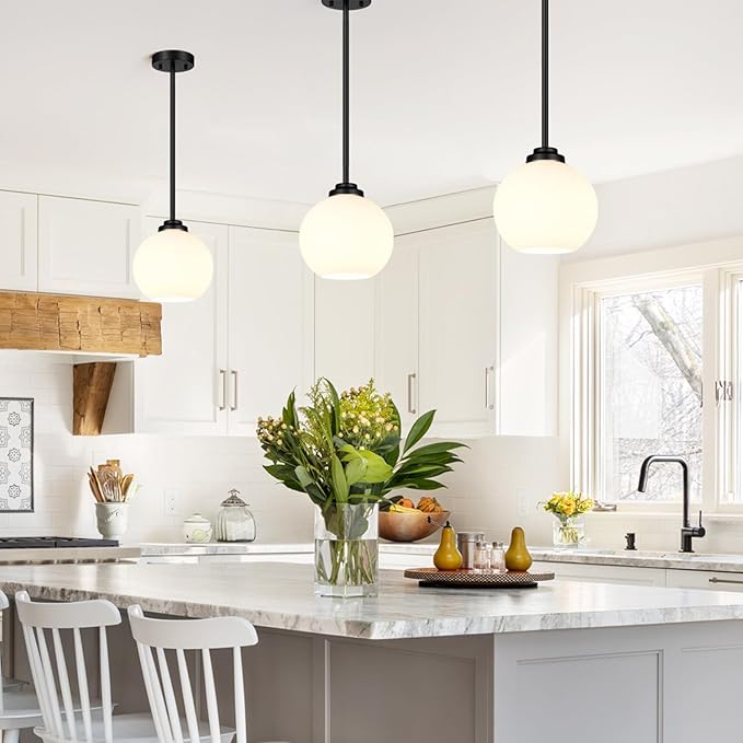 2 Pack 22"-50" Height Adjustable Glass Pendant Lights Kitchen Island, Globe Matte Black Pendant Lights with Milk Glass Shade, Mid Century Pendant Light Fixtures Kitchen Pendant Lighting over Island