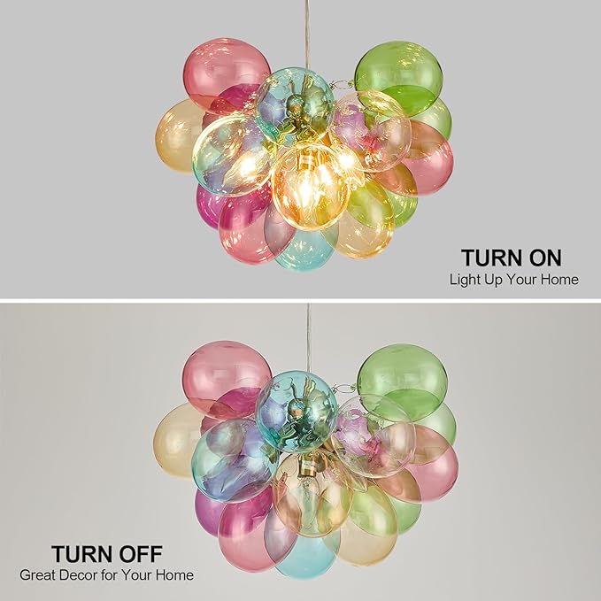 Surpars House Colorful Bubble Balls Chandelier, Modern Glass Ceiling Light, 4 Lights Pendant Lighting Fixture for Bedroom,Livinng Room,Dining Room