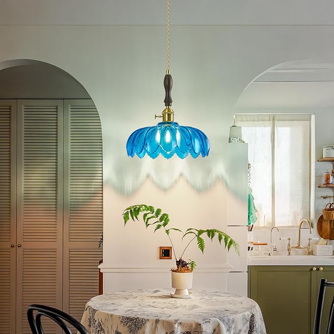 Modern Blue Glass Pendant Light Retro Flower Glass Hanging Lamp Gold Brass Decorative Adjustable Ceiling Hanging Light Suitable for Kitchen Island Bedroom Dining Room Living Room