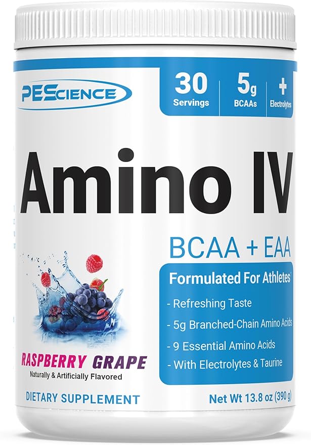 PEScience Amino IV BCAA & EAA Powder, Essential Amino Acids, Taurine, Electrolytes for Hydration and Muscle Recovery, Sugar Free for Men & Women, Post Workout - Raspberry Grape, 30 Servings