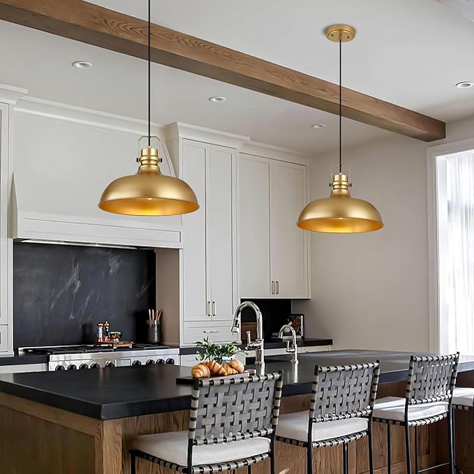 Gold Farmhouse Pendant Lights 16 Inch Matte Pendant Lighting for Kitchen Island Industrial Adjustable Height Vintage Dome Hanging Light Fixtures for Barn, Dining Room 1 Pack