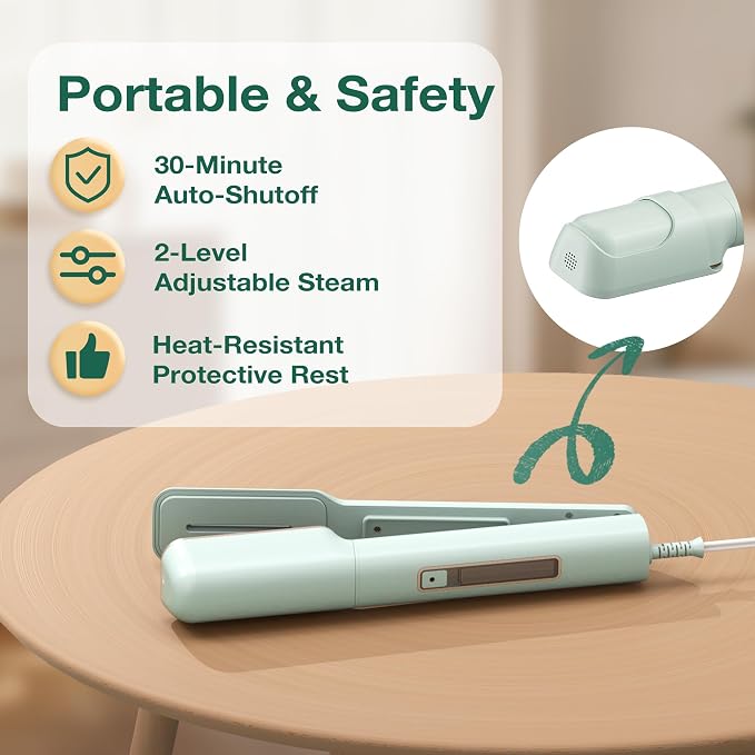 Newbealer 3in1 Travel Iron, 100-240V Clothes Steamer, 2 Steam Levels, Green | Portable for On-the-Go, Heats in 20s, Dry Iron w/ Clamp, 180° Rotatable Head, 360° Leak-Proof, Auto-Off, Self-Cleaning, 90ml