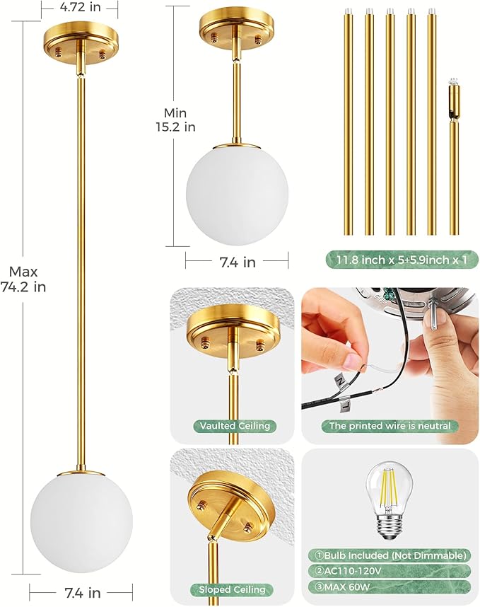 Majade Globe Pendant Lights Kitchen Island Mid Century Modern Pendant Light Fixtures 7.4 Inch Gold Ceiling Lighting with Milk Glass Shade Adjustable Brushed Brass Hanging Light for Dining Room