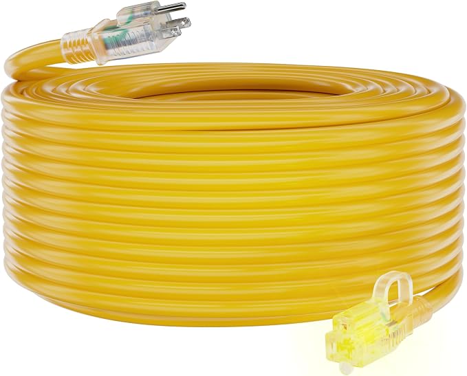 HUANCHAIN 12/3 Gauge Heavy Duty Outdoor Extension Cord 100 ft Waterproof with Lighted end, Flexible Cold-Resistant 3 Prong Electric Cord Outside, 15Amp 1875W 12AWG SJTW, Yellow, ETL
