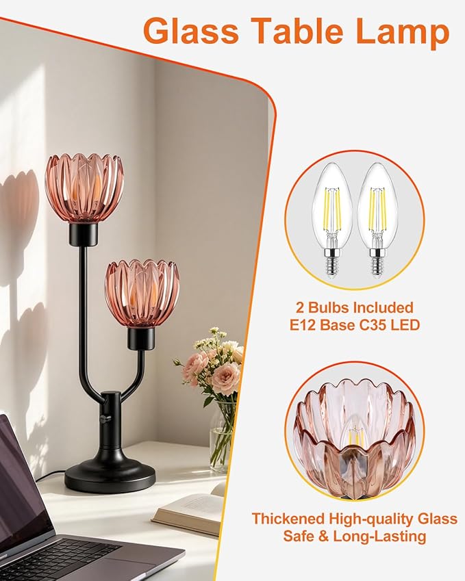 Lightdot Mid Century Modern Flower Table Lamp for Living Room Dimmable Nightstand Lamp Red Glass Vintage Black Desk Lamp 2 Bulbs Included Warmwhite Ambient Bedside Lamps for Bedroom Home Office Decor