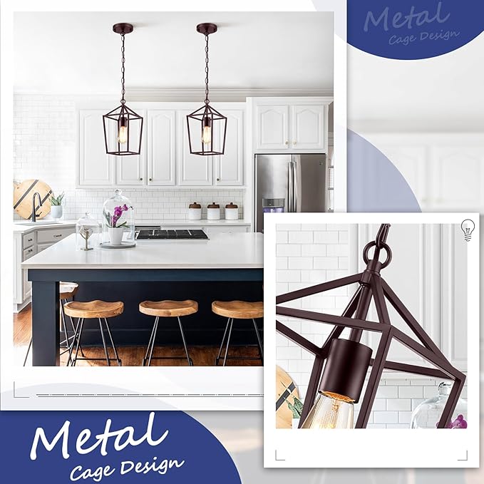 Sheetea 2-Pack Farmhouse Pendant Lights Kitchen Island, Pendant Light Fixtures Hanging Lamp for Dining Room, Modern Kitchen Pendant Lighting Over Island, Metal Cage Design, Brown