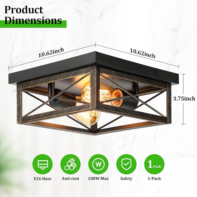 Oil Rubbed Bronze Hallway Light Fixture Ceiling, 2-Light Farmhouse Industrial Flush Mount Ceiling Lamp, 1-Pack Metal Kitchen Light Fixture, Close to Ceiling Lamp for Bedroom Living Room Entryway