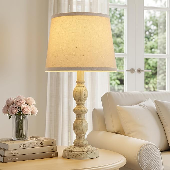 GyroVu 20.5" Table Lamps for Nightstand Set of 2, Farmhouse Lamps for Bedroom, Small Desk Lamps for Living Room, Linen Shades, Knob Switch, Bedside Lamps for Reading, Office(Creamy White)